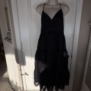 NWT Lulu's Black Lace Tiered Maxi Dress‎ L Strappy Tie-Back Lined Elegant NWT